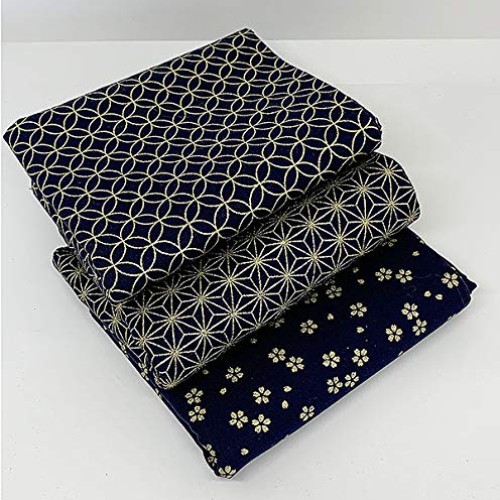 3 Fat Quarter Gold Metallic Japanese Designs on Indigo Blue - Asia...