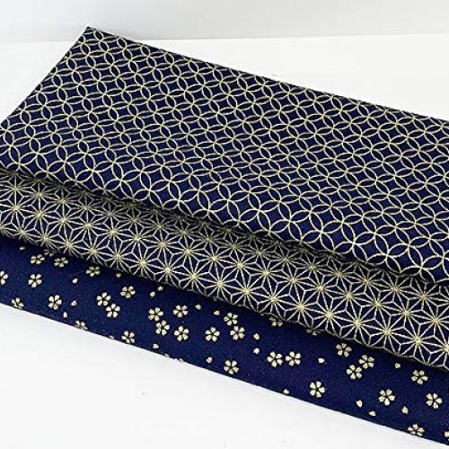 3 Fat Quarter Gold Metallic Japanese Designs on Indigo Blue - Asia...