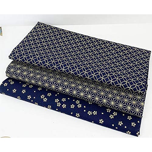 3 Fat Quarter Gold Metallic Japanese Designs on Indigo Blue - Asia...