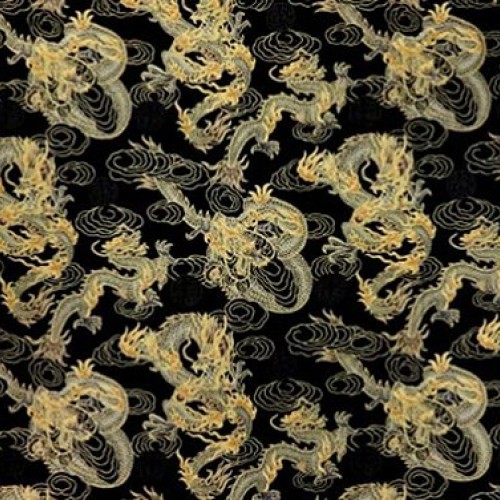 Asian Japanese Fabric: Fire-Breathing Dragons - Black 1 Yd Increm...