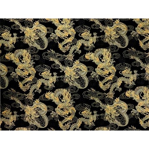 Asian Japanese Fabric: Fire-Breathing Dragons - Black 1 Yd Increm...