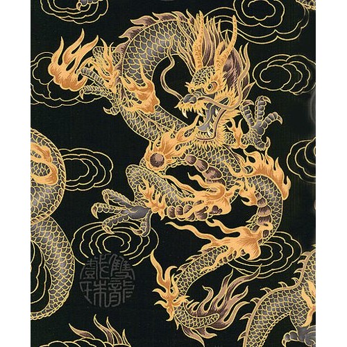 Asian Japanese Fabric: Fire-Breathing Dragons - Black 1 Yd Increm...