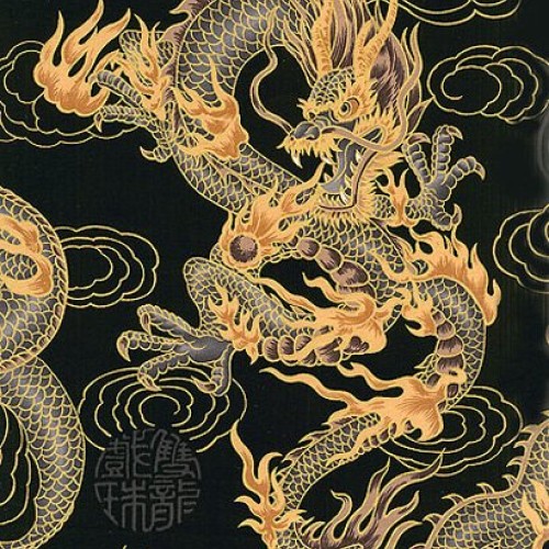 Asian Japanese Fabric: Fire-Breathing Dragons - Black 1 Yd Increm...