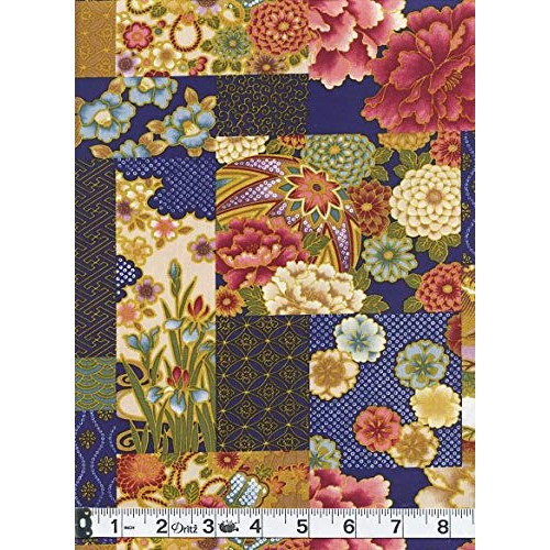 Blocks of Asian Designs - Navy Blue Asian Japanese Fabric for Quil...