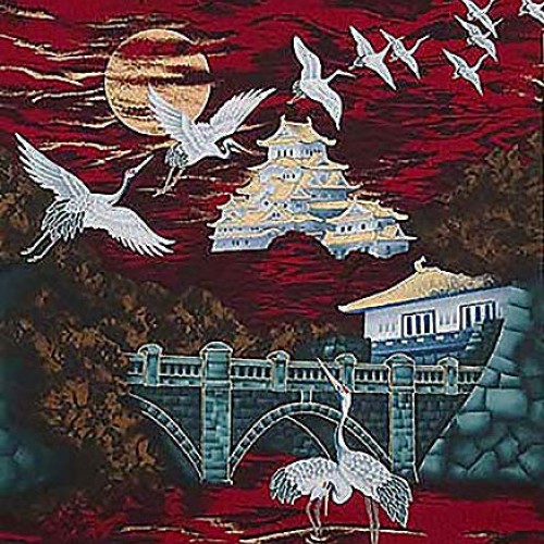 Castle in The Moonlit Night - Red with Gold Metallic - Asian Japan...