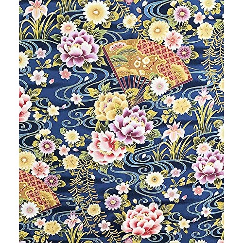 Fans & Florals - Blue Asian Japanese Fabric - by The Yard