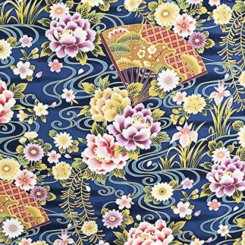 Fans & Florals - Blue Asian Japanese Fabric - by The Yard