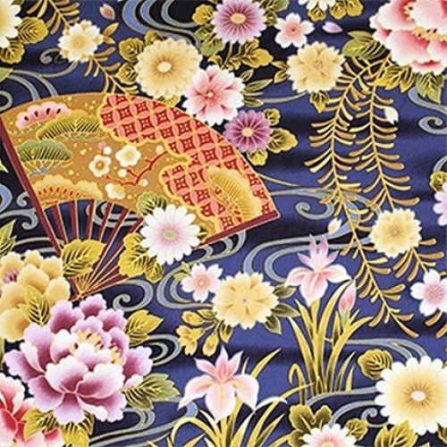 Fans & Florals - Blue Asian Japanese Fabric - by The Yard