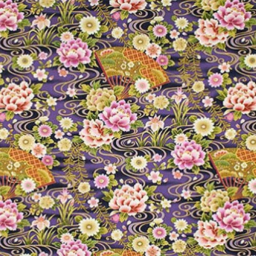 Fans & Florals - Purple Asian Japanese Fabric - by The Yard
