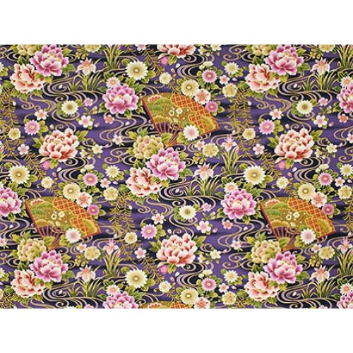 Fans & Florals - Purple Asian Japanese Fabric - by The Yard