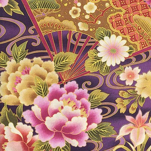 Fans & Florals - Purple Asian Japanese Fabric - by The Yard