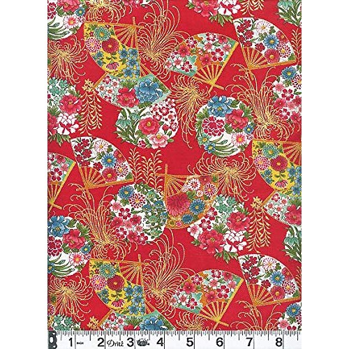 Fans & Flower Balls: Red with Gold Metallic Asian Japanese Fabric ...