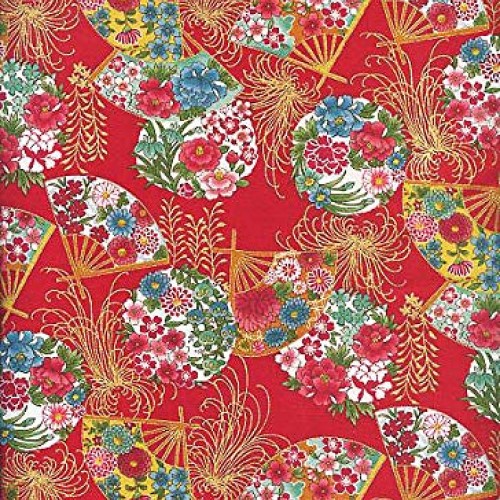 Fans & Flower Balls: Red with Gold Metallic Asian Japanese Fabric ...