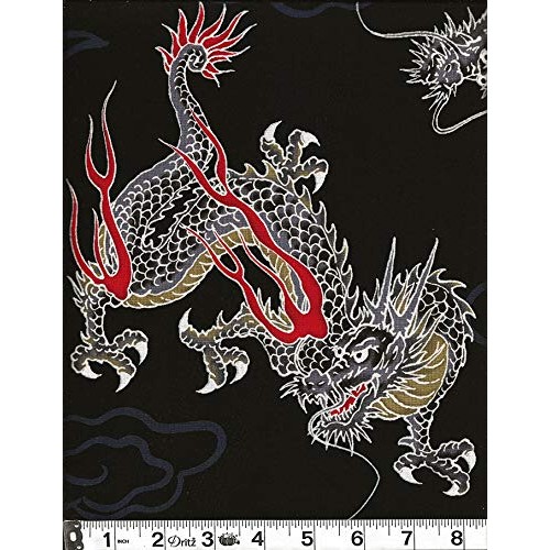 Fiery Dragons: Black Asian Japanese Fabric - by The Yard