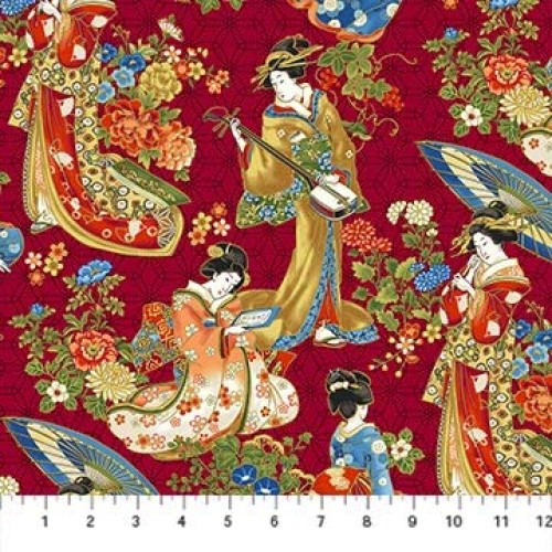 Geisha Collage - Red with Gold Metallc Asian Japanese Fabric