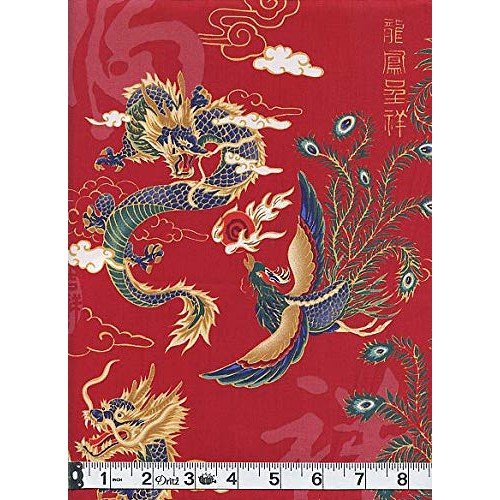 Mythical Chinese Dragon & Phoenix - Red Asian Japanese Fabric for ...