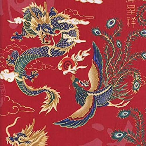 Mythical Chinese Dragon & Phoenix - Red Asian Japanese Fabric for ...