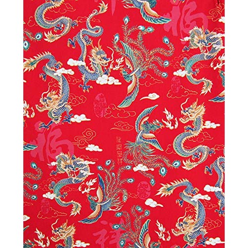Mythical Chinese Dragon & Phoenix - Red Asian Japanese Fabric for ...