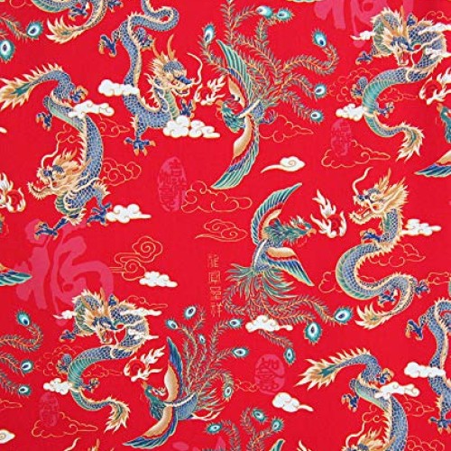 Mythical Chinese Dragon & Phoenix - Red Asian Japanese Fabric for ...