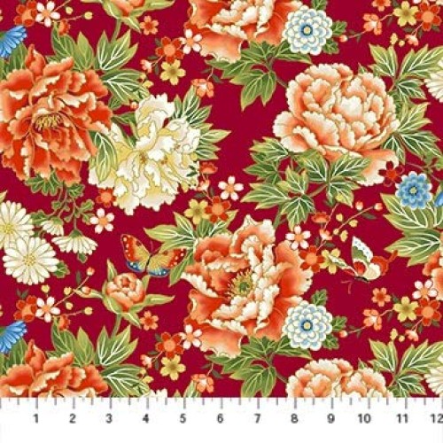 Peonies & Butterflies - Red with Gold Metallc Asian Japanese Fabric