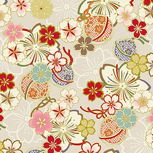 Temari & Cherry Blossoms - Cream with Gold Metallic: Asian Japanes...