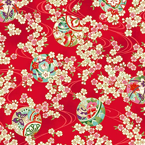 Temari & Petite Cherry Blossoms - Red with Gold Metallic: Asian Ja...