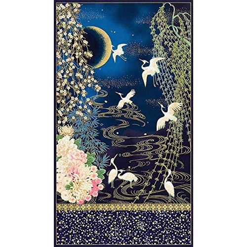 Beautiful Asian Landscape Fabric Panel in Blue 24 x 44