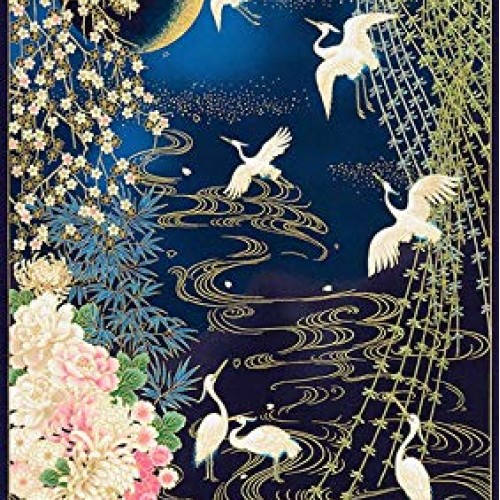 Beautiful Asian Landscape Fabric Panel in Blue 24 x 44