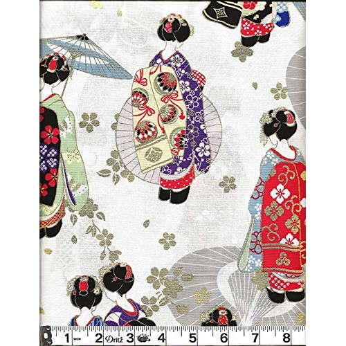 Beautiful Geisha - Ivory with Gold Metallic Asian Japanese Fabric ...