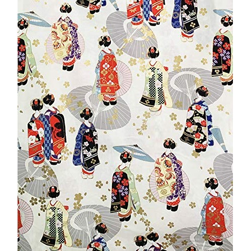Beautiful Geisha - Ivory with Gold Metallic Asian Japanese Fabric ...