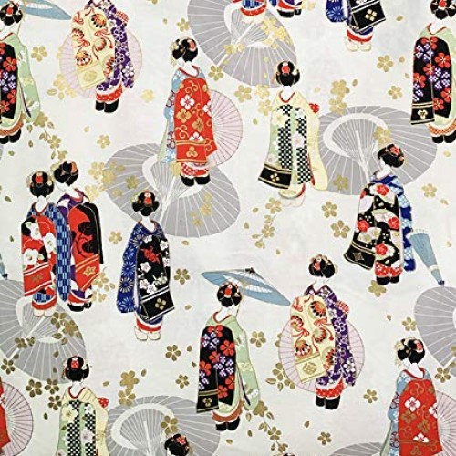 Beautiful Geisha - Ivory with Gold Metallic Asian Japanese Fabric ...
