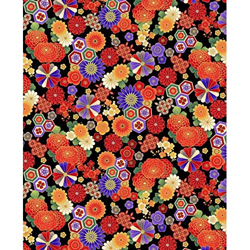 Blossoms and Traditional Designs - Gold Metallc Asian Japanese Fab...