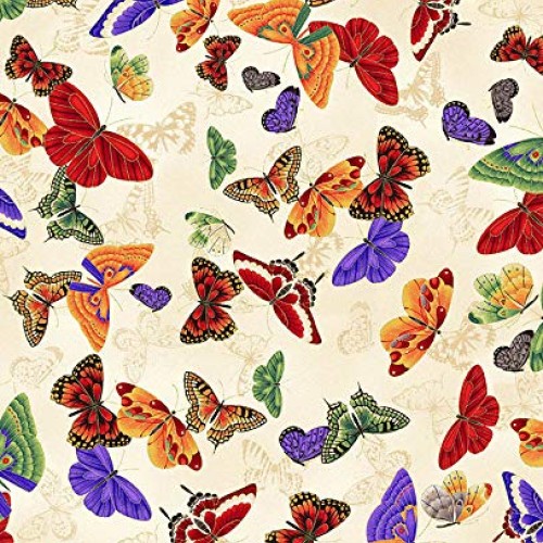 Butterflies - Ivory with Gold Metallc Asian Japanese Fabric by The...