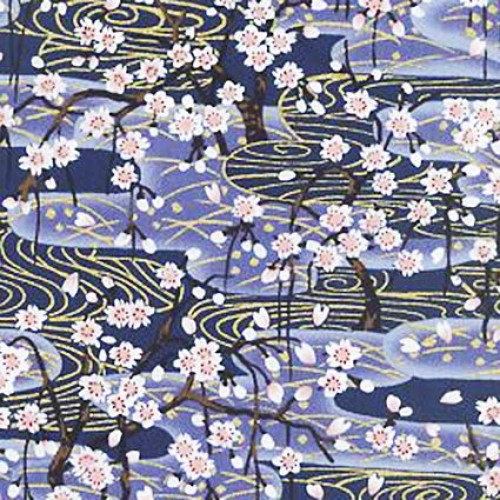 Cherry Blossom Trees: Blue Asian Fabric by The Yard