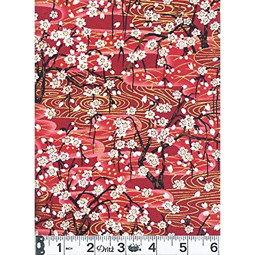 Cherry Blossom Trees: Red Asian Fabric by The Yard