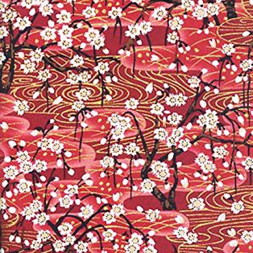 Cherry Blossom Trees: Red Asian Fabric by The Yard