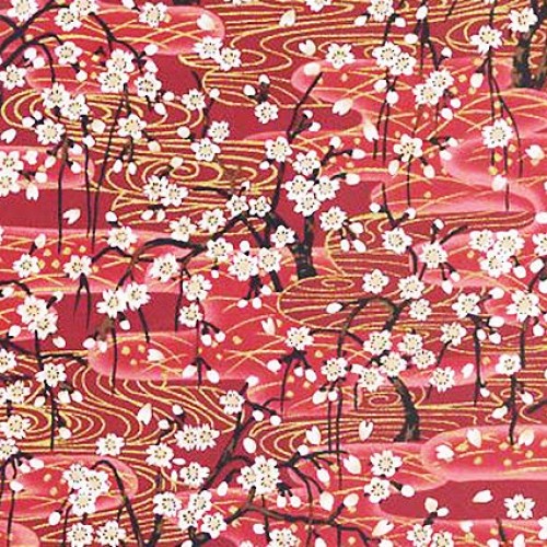 Cherry Blossom Trees: Red Asian Fabric by The Yard
