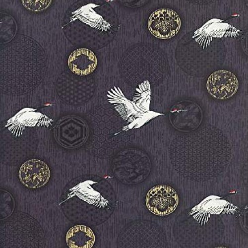 Cranes in Flight: Charcoal Asian Japanese Fabric - by The 1/2 Yard