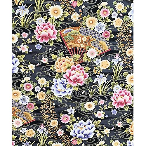 Fans & Florals - Black Asian Japanese Fabric - by The Yard