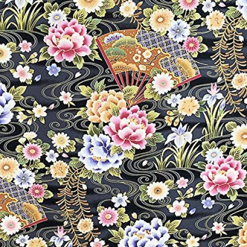 Fans & Florals - Black Asian Japanese Fabric - by The Yard