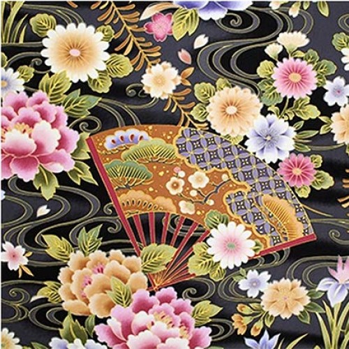 Fans & Florals - Black Asian Japanese Fabric - by The Yard