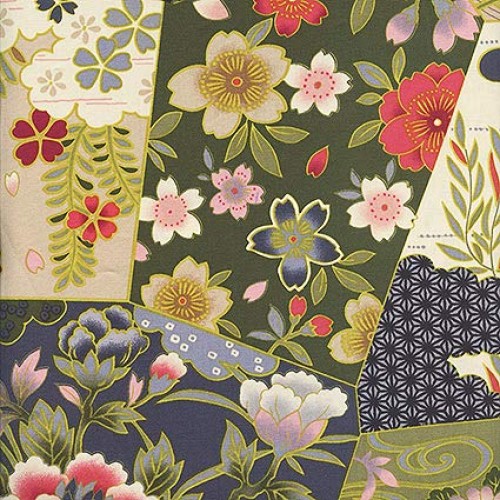 Garden Collage - Black Asian Japanese Fabric - by The Yard
