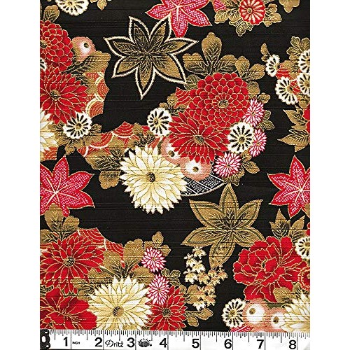Gilded Asian Blossoms & Leaves: Japanese Fabric in Black Cotton Sa...