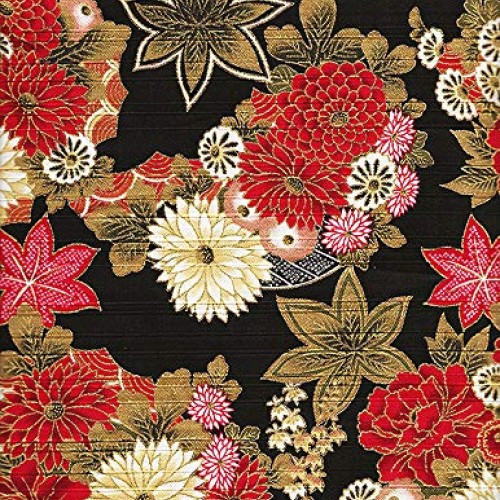 Gilded Asian Blossoms & Leaves: Japanese Fabric in Black Cotton Sa...