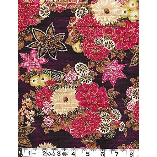 Gilded Asian Blossoms & Leaves: Japanese Fabric in Purple/Plum Cot...