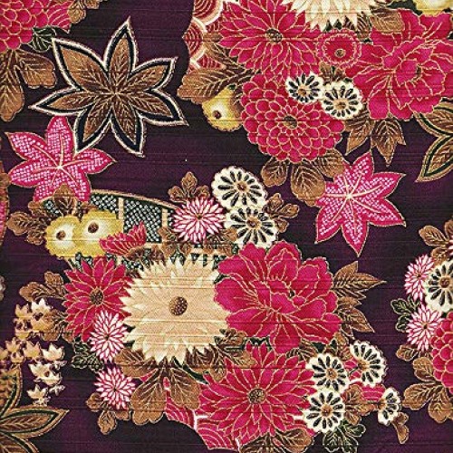Gilded Asian Blossoms & Leaves: Japanese Fabric in Purple/Plum Cot...