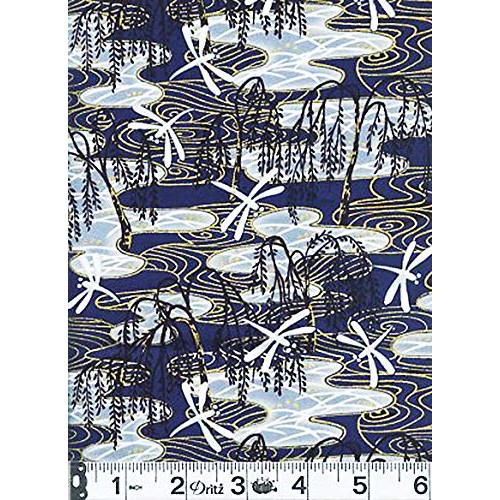 Weeping Willow & Dragonflies - Blue with Gold Metallic: Asian Japa...