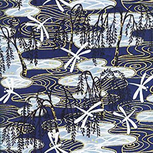 Weeping Willow & Dragonflies - Blue with Gold Metallic: Asian Japa...