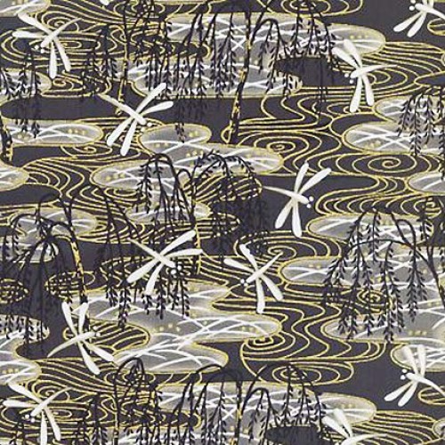 Weeping Willow & Dragonflies - Charcoal with Gold Metallic: Asian ...