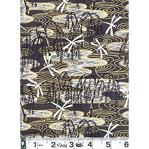 Weeping Willow & Dragonflies - Charcoal with Gold Metallic: Asian ...